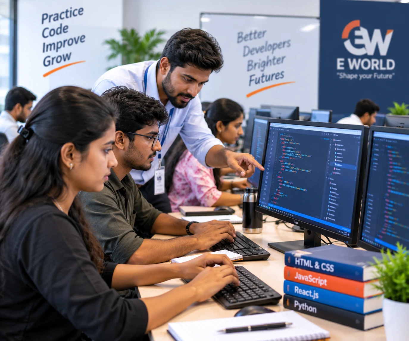 Students learning computer technology together in a modern training environment at E-World Academy