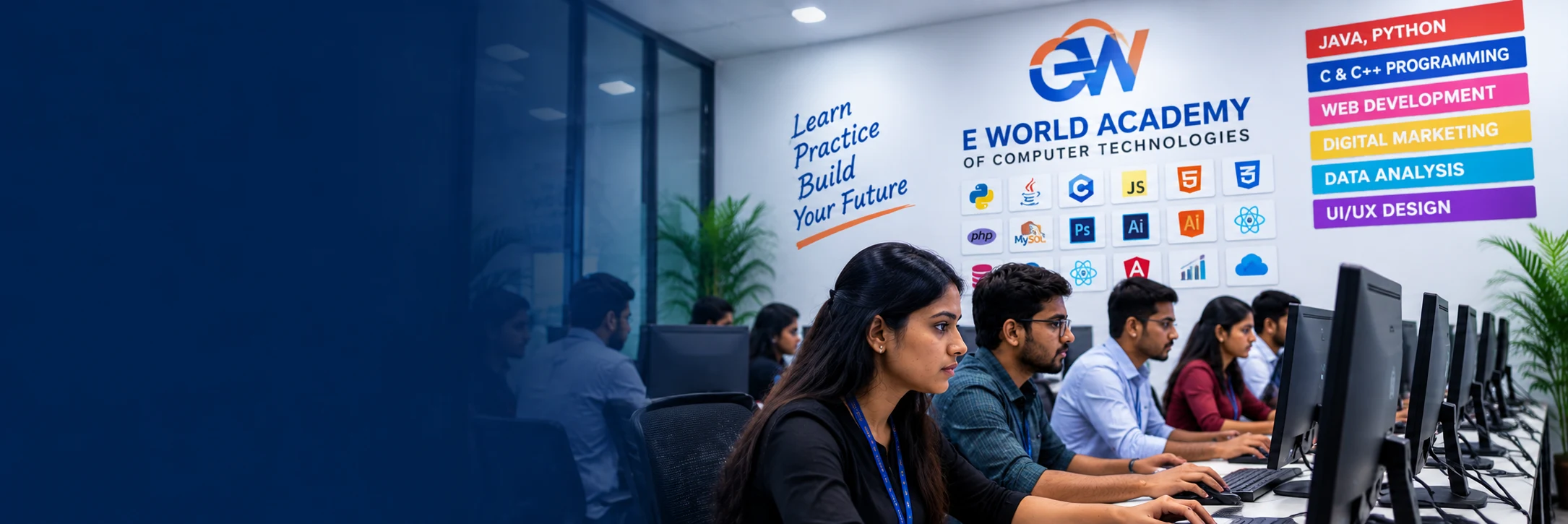 Student practicing programming skills on a computer at E-World Academy
