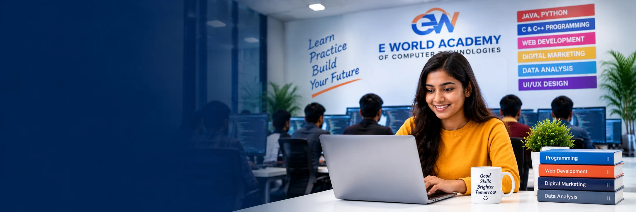 Course books and study materials representing career-focused training at E-World Academy